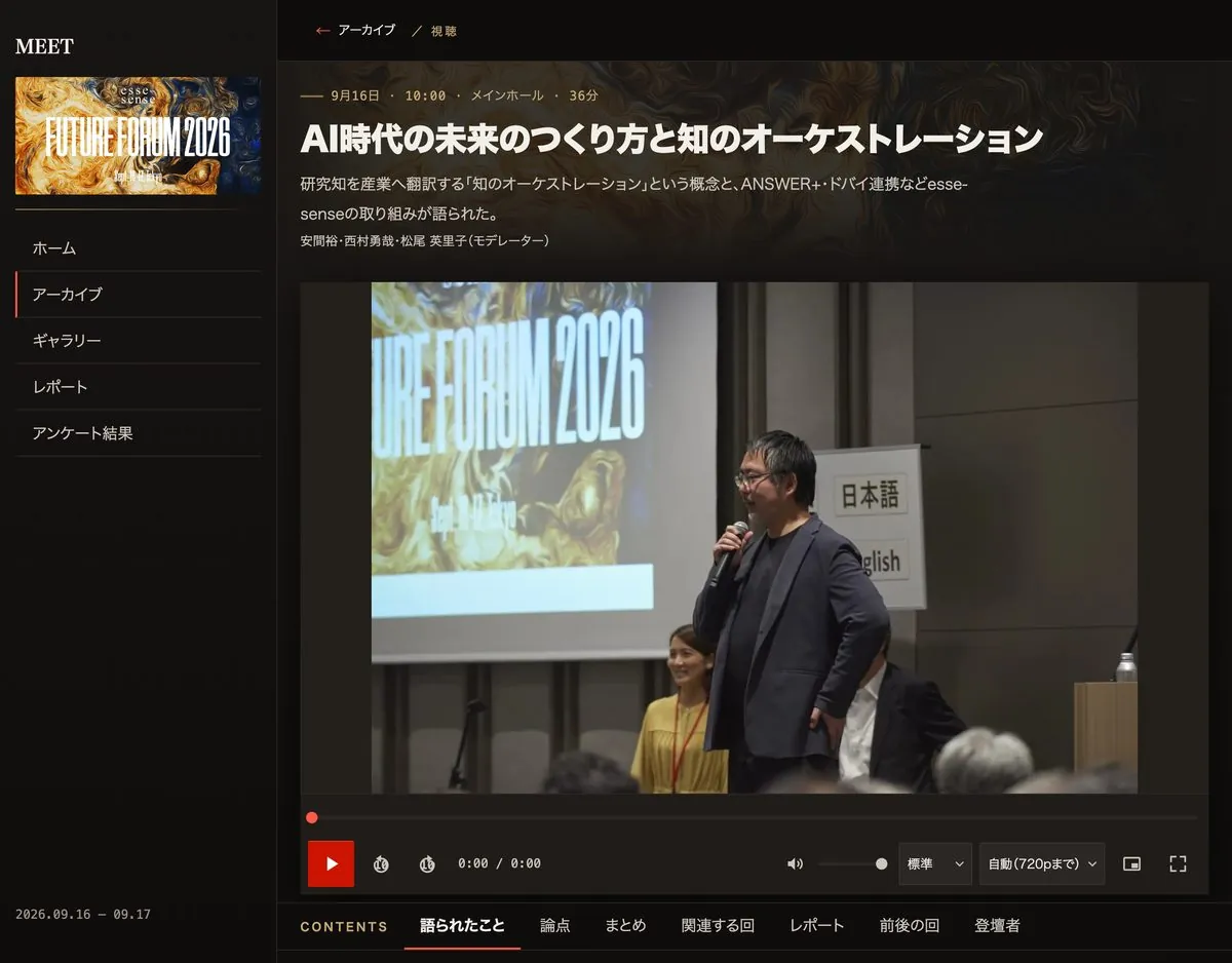 MEET の視聴画面。セッション題名と登壇者の下に映像のプレーヤーがあり、その下に語られたこと・論点・まとめ・関連する回・レポート・前後の回・登壇者のタブが並ぶ